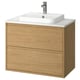 Mobile bagno moderno in legno con piano di lavoro e lavandino in marmo bianco. Finitura rovere naturale con due cassetti e design minimalista.
