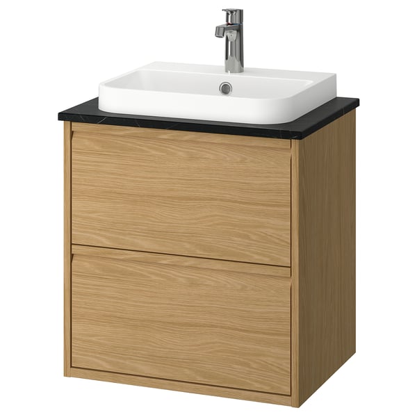 Mobile bagno in rovere, lavabo bianco, maniglie minimal, moderno, sospeso