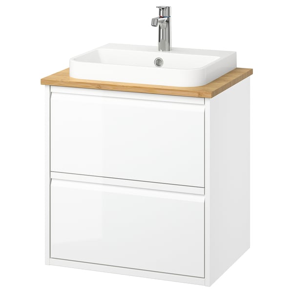 Mobile bagno moderno bianco con piano in legno, design minimalista, lavabo sospeso semi-incasso.