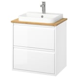 Mobile bagno moderno bianco con piano in legno, design minimalista, lavabo sospeso semi-incasso.