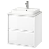 Mobile da bagno moderno bianco con finitura lucida e maniglie eleganti, dotato di lavabo in marmo semi-incassato e rubinetto cromato.