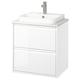 Mobile da bagno moderno bianco con finitura lucida e maniglie eleganti, dotato di lavabo in marmo semi-incassato e rubinetto cromato.