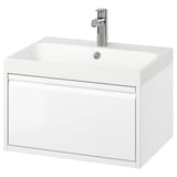 ÄNGSJÖN: mobile bagno sospeso bianco moderno, design elegante e minimale con cassetto pieno, lavabo in marmo dai bordi nitidi.