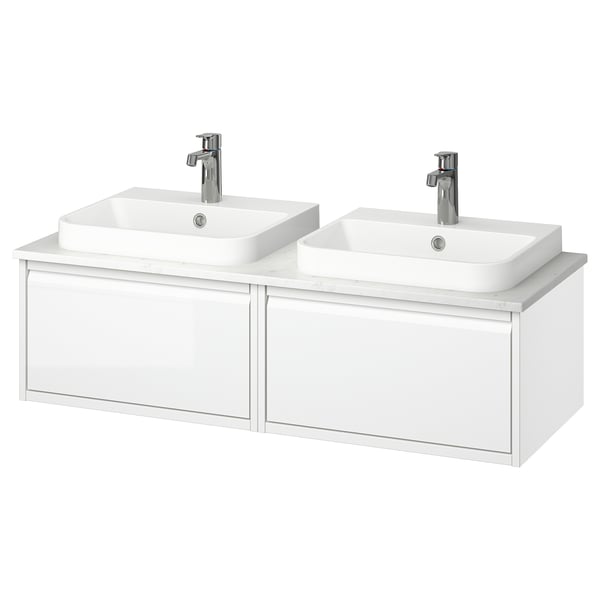 ÄNGSJÖN doppio mobile da bagno bianco, 2 lavandini, design elegante, finitura lucida.