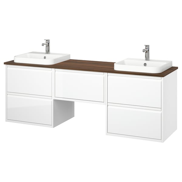 Mobile lavabo doppio bianco con due lavandini e piano in legno.