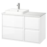 Moderno mobile da bagno bianco, design elegante, quattro cassetti, piano di lavoro in marmo, rubinetto cromato.