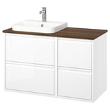 Moderno mobile da bagno bianco e legno, quattro cassetti, lavandino in marmo, design elegante.