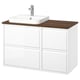 Moderno mobile da bagno bianco e legno, quattro cassetti, lavandino in marmo, design elegante.