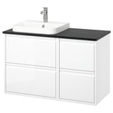 ÄNGSJÖN: lavabo sospeso bianco, 4 cassetti, piano di lavoro in marmo nero, lavello moderno quadrato.