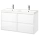 Un doppio lavabo bianco ÄNGSJÖN con due lavandini e quattro cassetti per riporre il bagno.