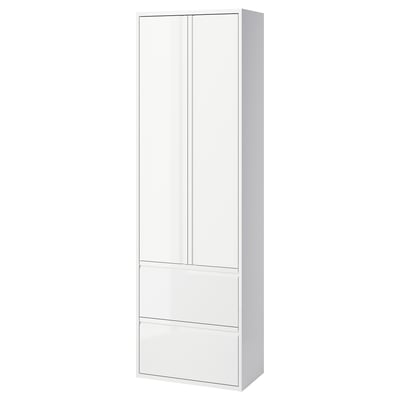 Un mobile alto ÄNGSJÖN bianco con cassetti e ante per riporre il bagno. Ha un design elegante e moderno con maniglie integrate e una finitura lucida.