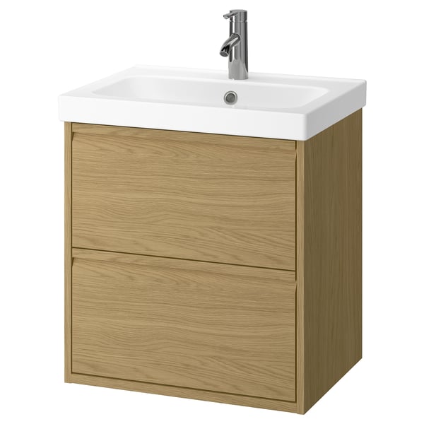 Mobile moderno in rovere con lavabo bianco, design minimale, montaggio a parete.