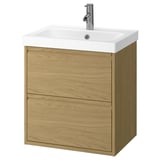 Mobile moderno in rovere con lavabo bianco, design minimale, montaggio a parete.