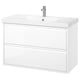 Un mobile da bagno bianco a parete con due cassetti, un design moderno ed elegante e un lavandino minimalista.