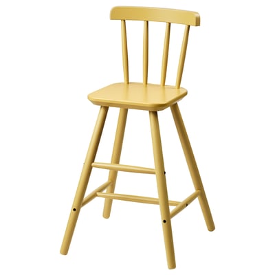 Sgabello singolo giallo brillante con schienale, quattro gambe, legno, design semplice.