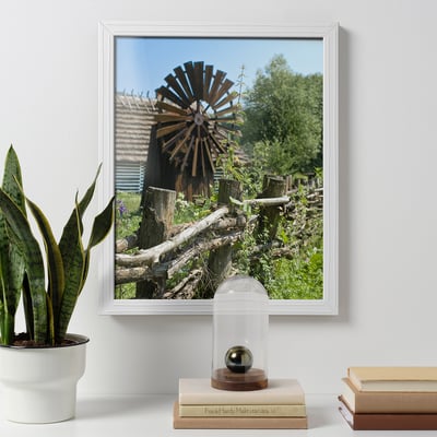 Cornice bianca AMURGRAN con scena rustica, pianta, cupola di vetro e libri.