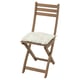 Sedia pieghevole in legno marrone con cuscino bianco, design rustico.