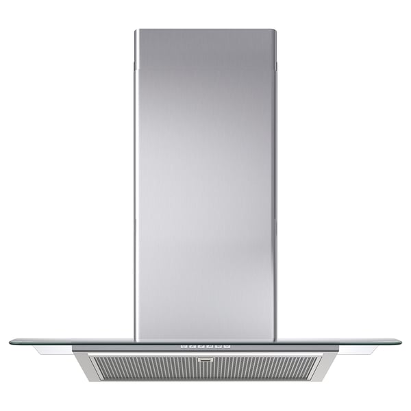 Una cappa da cucina in acciaio inossidabile BALANSERAD con un elegante bordo in vetro, luce a led e un pannello di controllo nella parte anteriore.