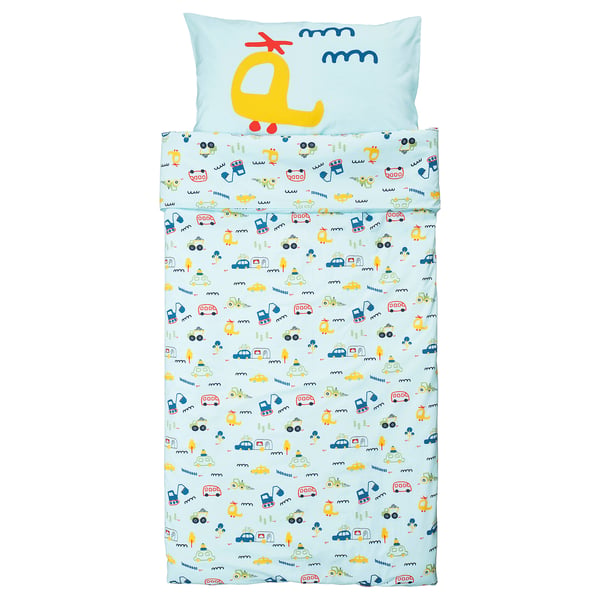 Biancheria da letto per bambini: BARNDRÖM - piumino blu con macchinine, 100% cotone.