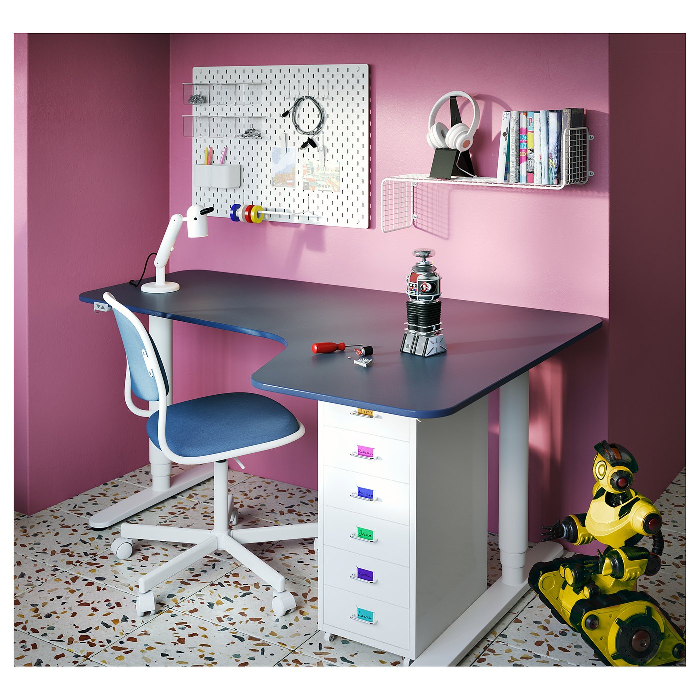 BEKANT Scrivania angolare dx regolabile, linoleum blu, bianco, 160x110 cm -  IKEA IT