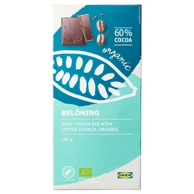 Scatola per barrette di cioccolato fondente biologico IKEA BELÖNING con croccantezza al caffè.