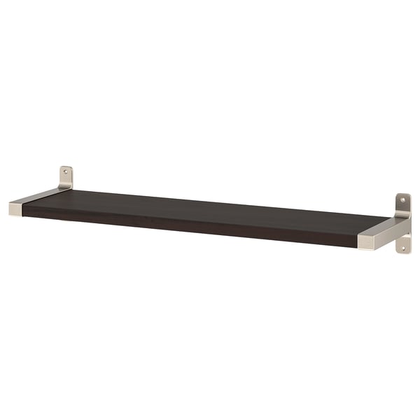 Una mensola da parete ikea BERGSHULT marrone scuro con staffe in metallo. È rettangolare ed elegante, adatto a vari spazi interni.