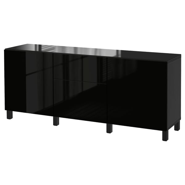 Credenza nera lucida con 3 ante e gambe. BESTÅ design moderno per lo stoccaggio.