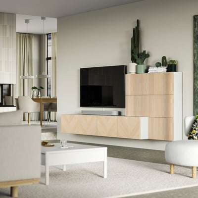 BESTÅ Combinazione audio/video, bianco Björköviken/Hedeviken impiallacciatura di frassino, 300x42x114 cm
