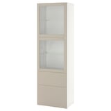 Armadio BESTÅ, bianco/beige con ante e cassetti in vetro, chiusura ammortizzata, ripiani regolabili.