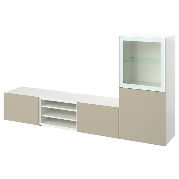 Mobile mobile porta tv BESTÅ bianco e beige con ripiani regolabili e vetrina.