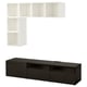 Moderno porta tv nero con linee eleganti e ripiani bianchi aperti sopra. Design minimalista e contemporaneo.