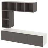 Moderno contenitore BESTÅ grigio a forma di L con ripiani e mobili per tv.