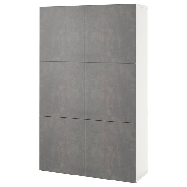 Un mobile contenitore BESTÅ con sei ante grigie su una cornice bianca. Si tratta di un design moderno con un effetto texture cemento sulle ante.