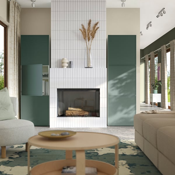 BESTÅ Mobile con ante, bianco/Krukmakare grigio scuro-verde, 120x42x193 cm