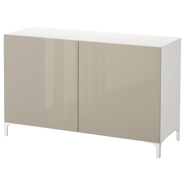 BESTÅ mobile con ante, bianco/Selsviken lucido/beige, 120x42x74 cm