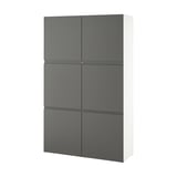 Un mobile contenitore BESTÅ bianco con sei ante grigie, dal design moderno e minimalista, che offre uno spazio organizzato.
