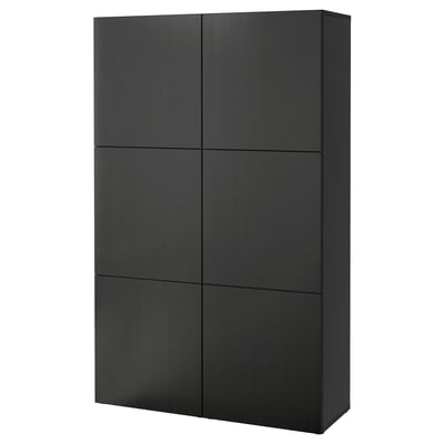 Un mobile portaoggetti nero ikea BESTÅ. Il suo rettangolare, ha sei ante, ed è progettato per lo stoccaggio organizzato.