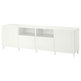 BESTÅ mobile tv, bianco. Armadi chiusi e ripiani aperti, cassetti con chiusura ammortizzata e ripiani regolabili. Design moderno e minimalista.