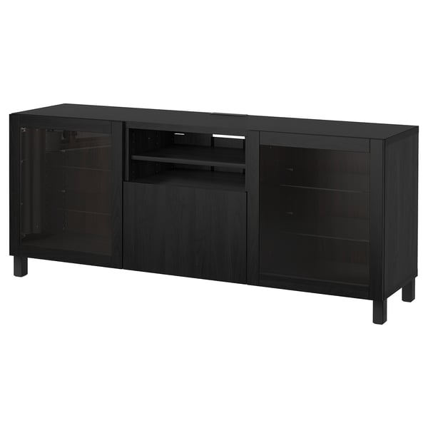 Porta tv BESTÅ nero con ante in vetro, struttura in legno, forma rettangolare, design moderno.