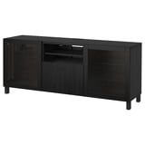 Porta tv BESTÅ nero con ante in vetro, struttura in legno, forma rettangolare, design moderno.