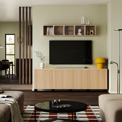 BESTÅ Mobile TV con ante, marrone-nero/Björköviken/Stubbarp impiallacciatura di rovere, 240x42x76 cm