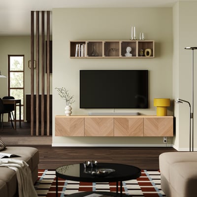 BESTÅ Mobile TV con ante, marrone-nero/Hedeviken impiallacciatura di rovere, 240x42x40 cm