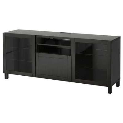 Porta tv BESTÅ nero con vano portaoggetti aperto e aperto, ante in vetro, design moderno e minimalista. Contiene più ripiani e gestione dei cavi.