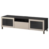 Porta tv moderno nero e beige con ante in vetro e cassetto. Adatto per l'organizzazione dell'elettronica con gestione dei cavi.