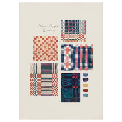 Campioni di design intrecciati colorati. Motivi rossi, blu, arancioni su carta beige.