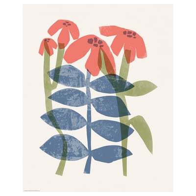 Vibrante stampa botanica con fiori di corallo e foglie blu su carta bianca.