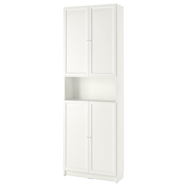Libreria BILLY bianca con contenitore chiuso e a giorno, perfetta per vari ambienti; Realizzato in truciolare, foglio di carta e bordi in plastica.