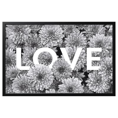 Arte floreale in bianco e nero con testo d'amore, incorniciata in nero.