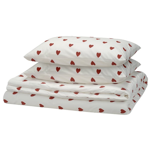 BJÖRNBÄRBUSKE Copripiumino e 2 federe, motivo cuore bianco/rosso, 240x220/50x80 cm