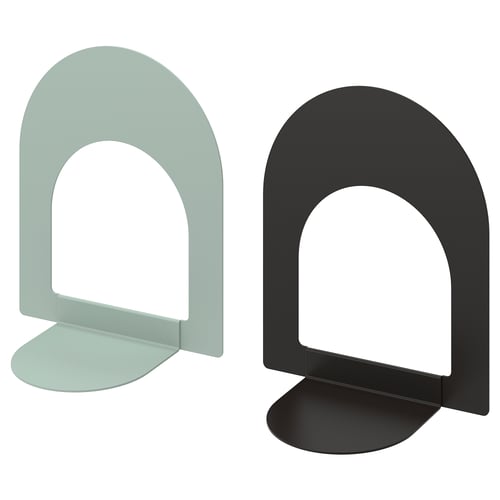 Due fermalibri moderni, uno verde chiaro, uno nero, a forma arcuata, realizzati in metallo con rivestimento epossidico.